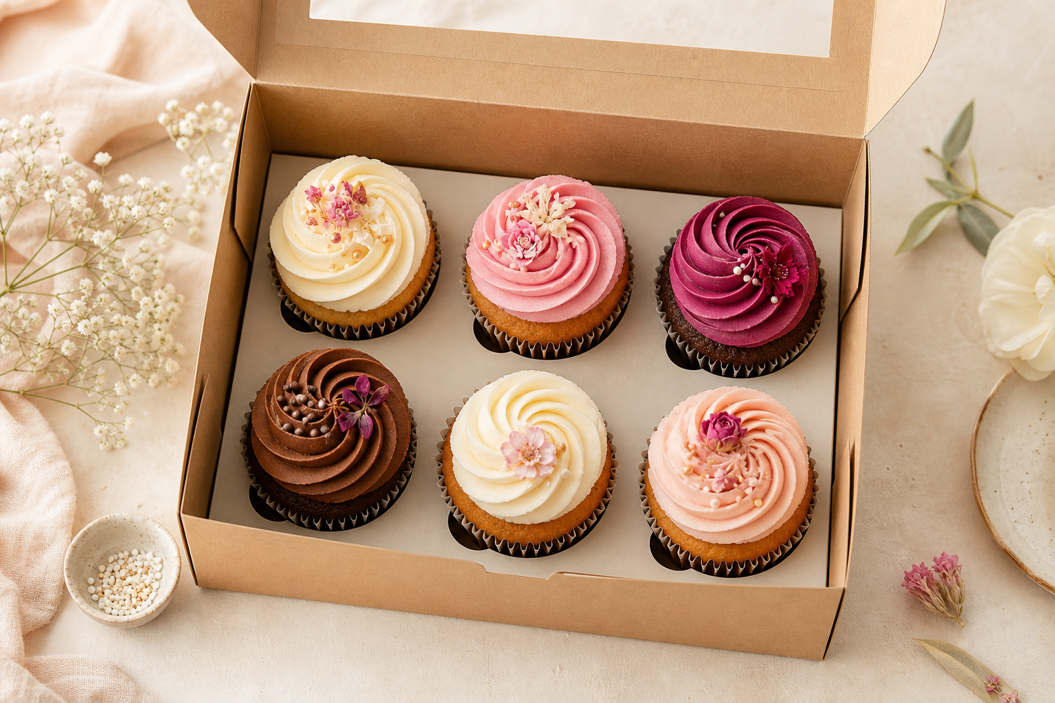 Box of six decorated cupcakes in cream, blush, berry, and cocoa